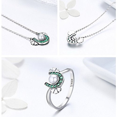 PAHALA 925 Sterling Silver Horseshoe with Green Crystals Pendant Necklace Ring Jewelry Set