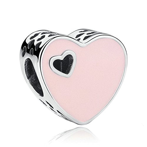 PAHALA 925 Strling Silver Romantic Heart with Pink Enamel Charms Fit Bracelets Necklace