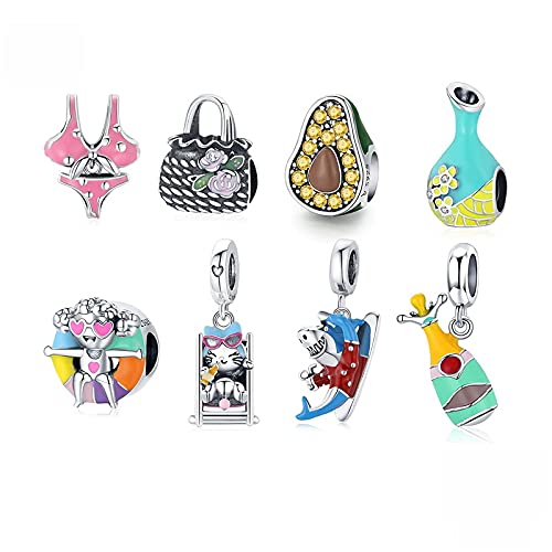 PAHALA 925 Sterling Silver Bag Beach Cat Bikini Rainbow Heart Surf Shark Swim Ring Girl Champagne Wine Charm Bead