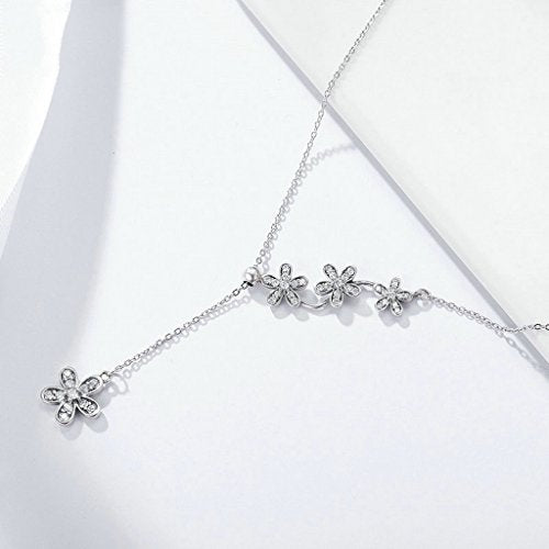 PAHALA 925 Sterling Silver Daisy Flower Tassel with Crysatls Clear CZ Pendant Necklace