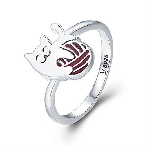 PAHALA 925 Sterling Silver Cat with Enamel Red Ball Wedding Engagement Band Ring