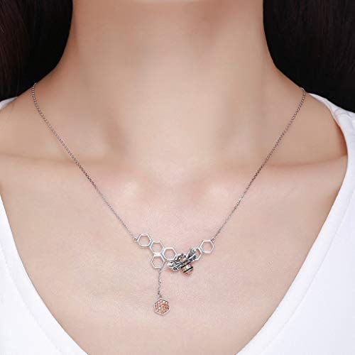 PAHALA 925 Sterling Silver Insect Bee Honeycomb with Crystals Clear CZ Pendant Necklace