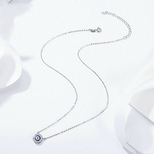 PAHALA 925 Sterling Silver Blue Eye Round Crystals Clear CZ Pendant Necklace