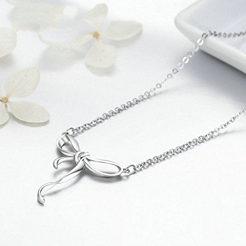 PAHALA 925 Sterling Silver Authentic Bowknot Clear CZ Pendant Necklace