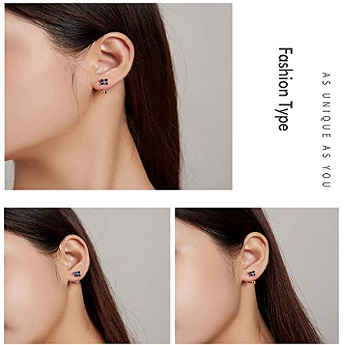 PAHALA 925 Sterling Silver Authentic Lucky Four Leaf Clover Blue Crystal Stud Earrings