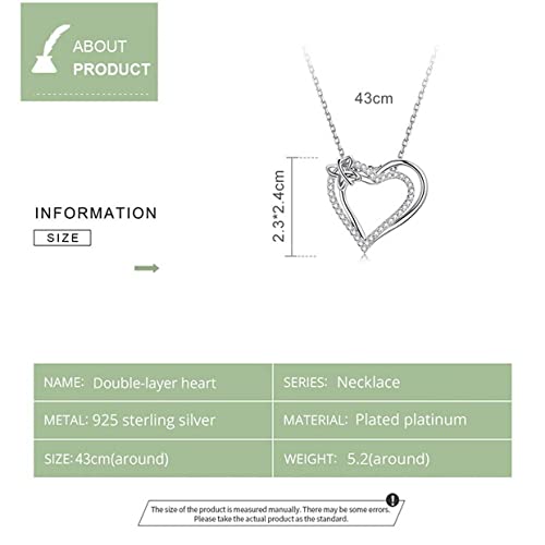 PAHALA 925 Sterling Silver Crystals Double Layer Heart Chain Necklace Pendant Wedding Necklace