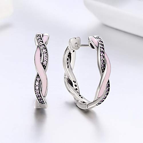 PAHALA 925 Sterling Silver Pink Twist With Crystals Party Wedding Hoop Earrings
