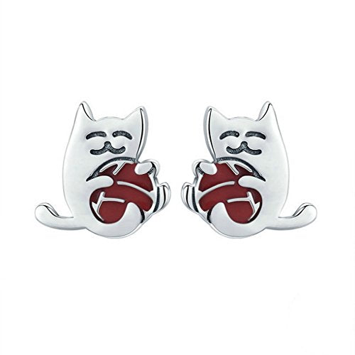 PAHALA 925 Sterling Silver Cat With Enamel Ball Fashion Stud Earrings