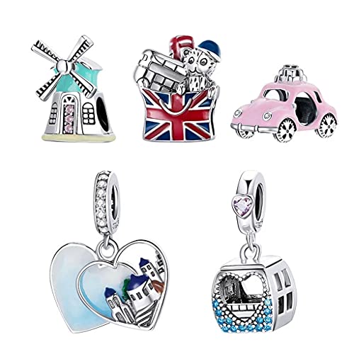 PAHALA 925 Sterling Silver Enamel Travel London Pink Car Windmill Blue Heart Memories Charm Bead