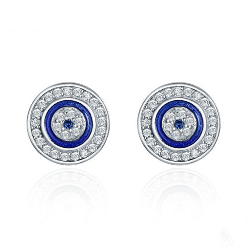 PAHALA 925 Sterling Silver Round Blue Eye With Crystals Stud Earrings