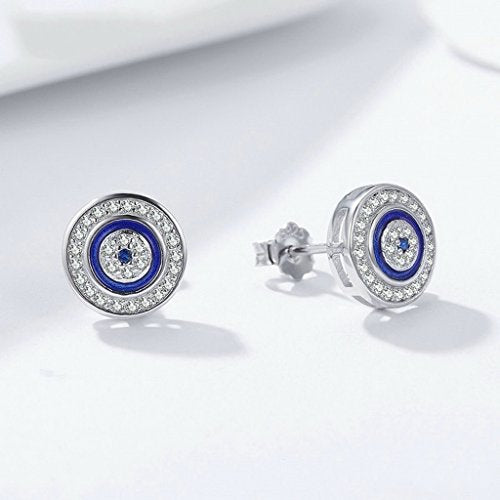 PAHALA 925 Sterling Silver Round Blue Eye With Crystals Stud Earrings