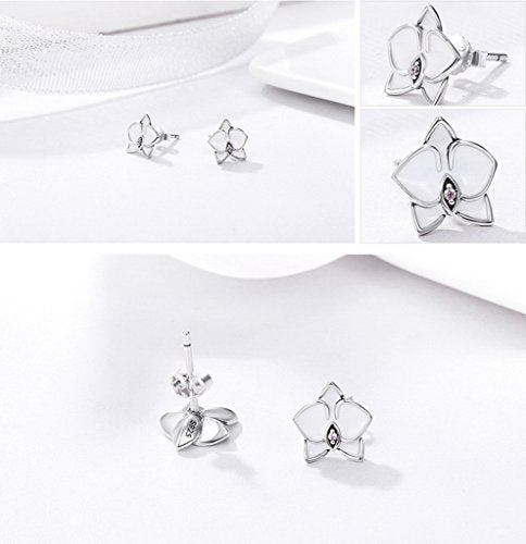 PAHALA 925 Sterling Orchid White Enamel With Pink Crystals Party Wedding Stud Earrings