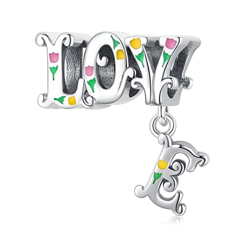 PAHALA 925 Sterling Silver Enamel Flowers Letters Love Pendant Charm Bead