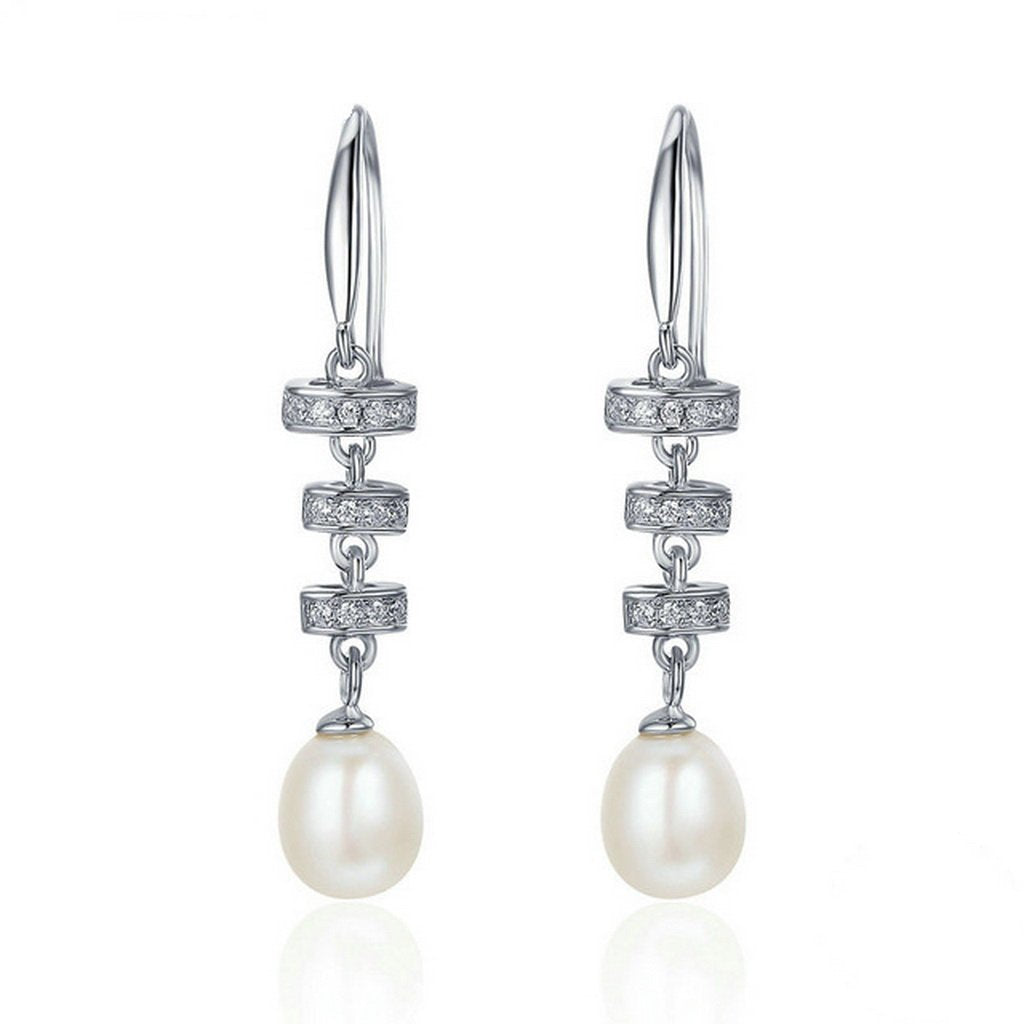 PAHALA 925 Sterling Silver Geometric With Crystals Freshwater Pearl Party Wedding Drop Earrings