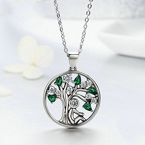PAHALA 925 Sterling Silver Lovely Tree with Green Crystals Clear CZ Pendant Necklace