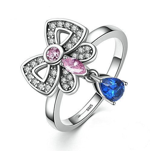 PAHALA 925 Sterling Silver Pink Blue Crystals Bow-Knot Cubic Zirconia Pave Wedding Engagement Band Ring
