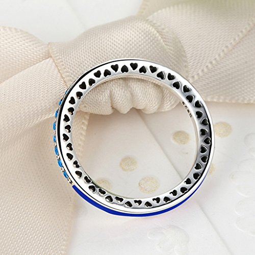PAHALA 925 Sterling Silver 6 Colors Enamel Hearts with Crystals Cubic Zirconia Pave Wedding Engagement Band Ring (Blue, 8)