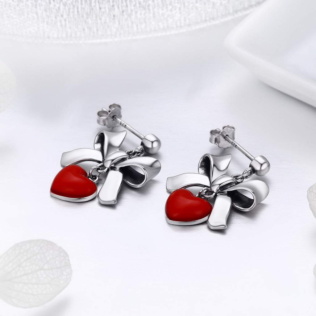 PAHALA 925 Sterling Silver Red Heart Bowknot Crystal Stud Earrings