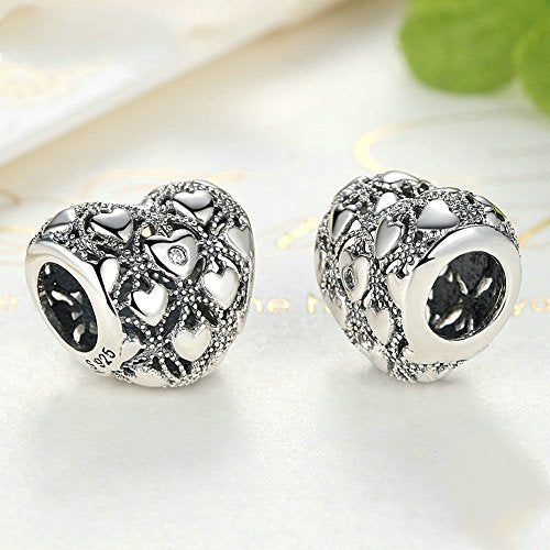 PAHALA 925 Strling Silver Love Heart with Crystals Charms Pendant Fit Bracelets Necklace