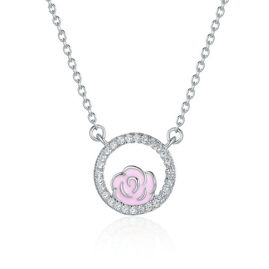 PAHALA 925 Sterling Silver Romantic Rose Heart with Crystals Pendant Necklace Earrings Jewelry Set