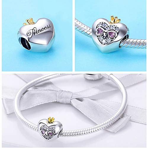 PAHALA 925 Strling Silver Princess Crown Pink Heart Charms Charm