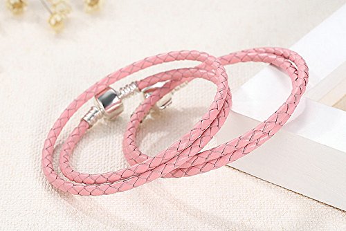 PAHALA 925 Sterling Silver Long 4 Colors Braided Leather Chain Snake Clasp (36, Pink)