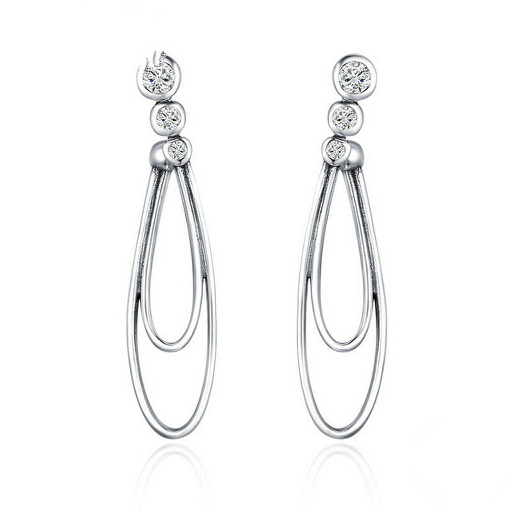 PAHALA 925 Sterling Silver Round With Crystals Party Wedding Long Drop Earrings