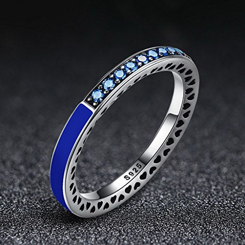 PAHALA 925 Sterling Silver 6 Colors Enamel Hearts with Crystals Cubic Zirconia Pave Wedding Engagement Band Ring (Blue, 8)
