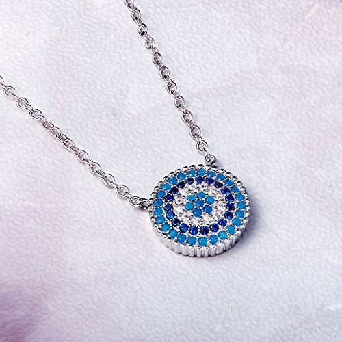 PAHALA 925 Sterling Silver Lucky Round with Blue Crystals Clear CZ Pendant Necklace