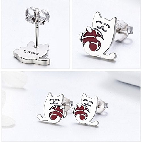 PAHALA 925 Sterling Silver Cat With Enamel Ball Fashion Stud Earrings