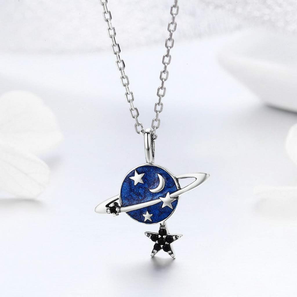 PAHALA 925 Sterling Silver Sparkling Planet Star Blue Enamel Pendant Necklace