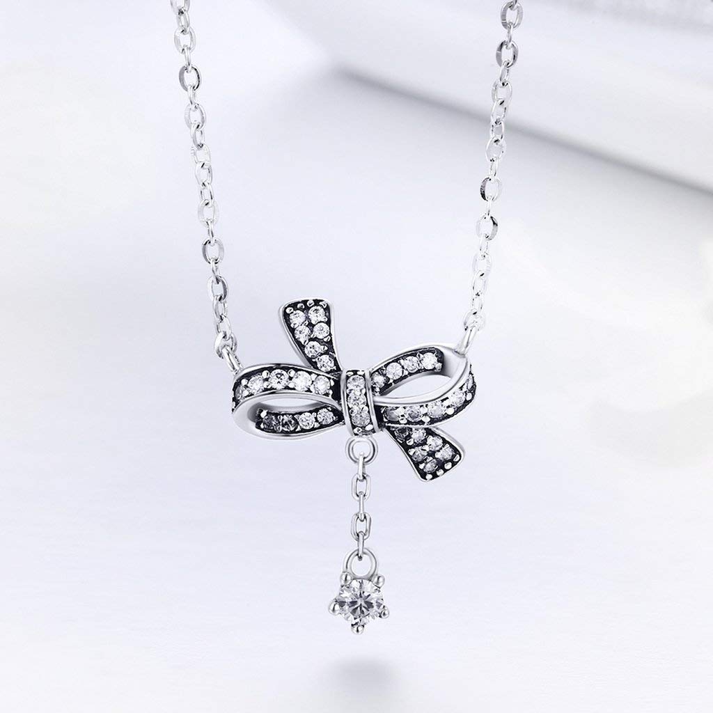 PAHALA 925 Sterling Silver Sweet Bowknot with Crystals Clear CZ Pendant Necklace