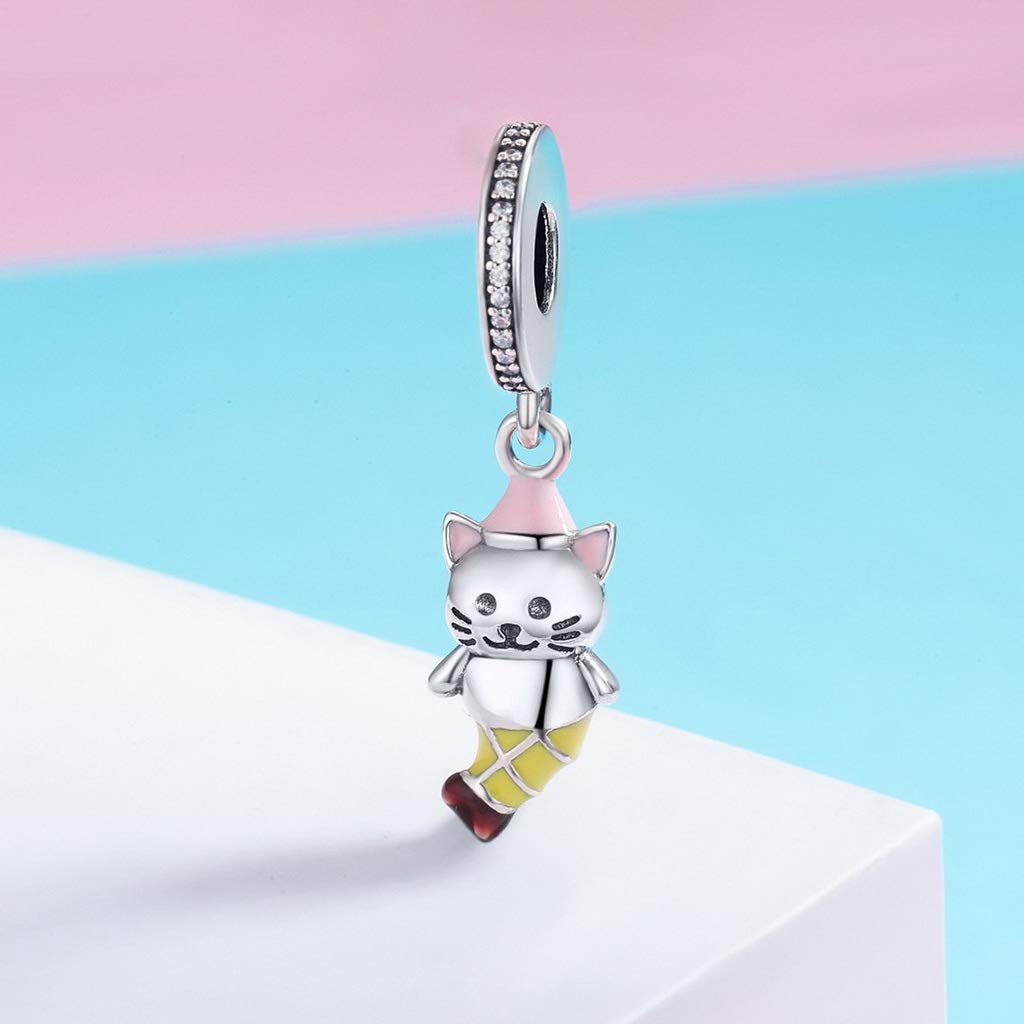 PAHALA 925 Strling Silver Enamel Cute Tailed Cat Dangle Charms
