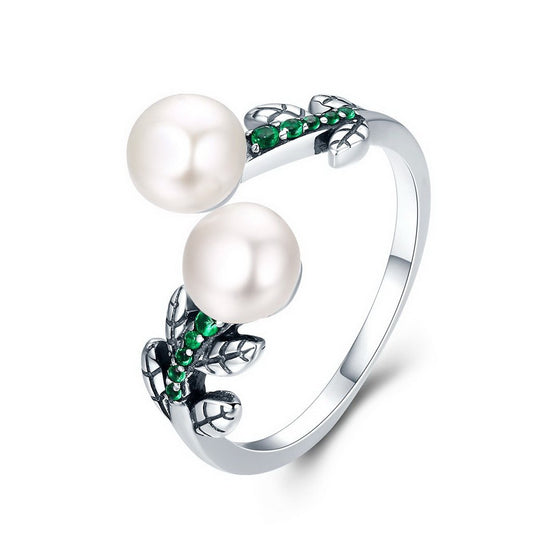 PAHALA 925 Strling Silver Green Tree Leaves Weeding Party Band Ring
