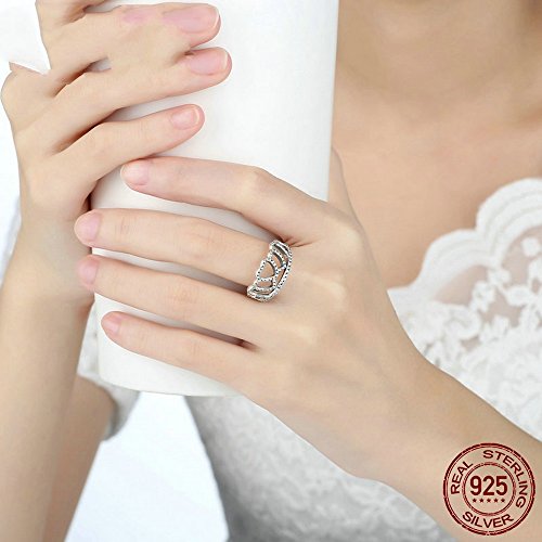 PAHALA 925 Sterling Silver Heart Crown with Crystal Cubic Zirconia Pave Wedding Engagement Band Ring