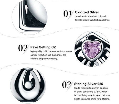 PAHALA 925 Sterling Silver I Love My Home with Pink Crystal Charms Fit Bracelets Necklace