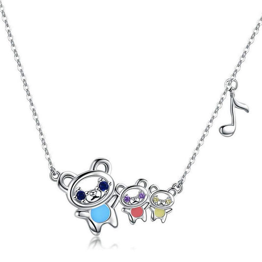 PAHALA 925 Sterling Silver Colorful Bear Family with Crystals Pendant Necklace