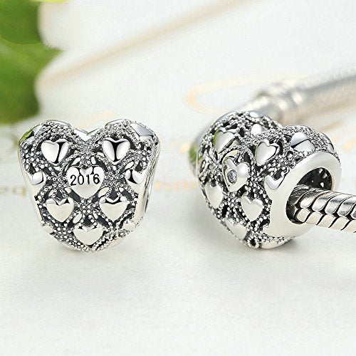 PAHALA 925 Strling Silver Love Heart with Crystals Charms Pendant Fit Bracelets Necklace