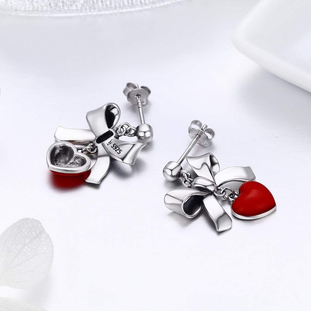PAHALA 925 Sterling Silver Red Heart Bowknot Crystal Stud Earrings
