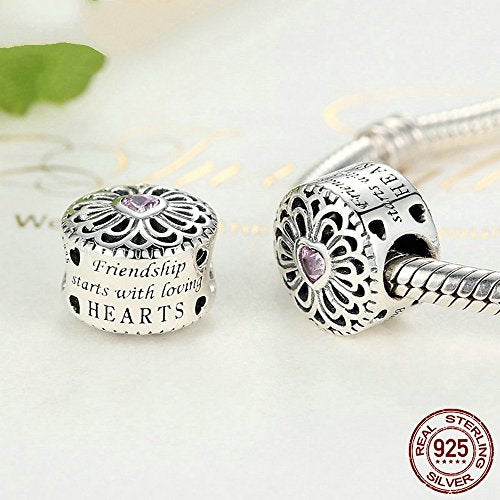 PAHALA 925 Strling Silver Pink Crystals Love Charms Pendant Fit Bracelets Necklace
