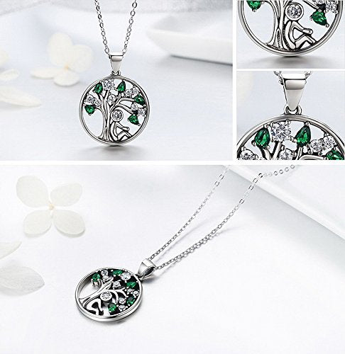 PAHALA 925 Sterling Silver Lovely Tree with Green Crystals Clear CZ Pendant Necklace