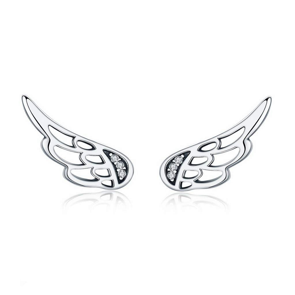 PAHALA 925 Sterling Silver Fairy Wings Feather Crystal Pendant Necklace Earrings Jewelry Set