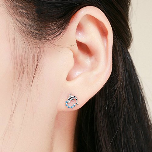 PAHALA 925 Sterling Silver Cut Dolphin With Blue Crystals Party Wedding Stud Earrings