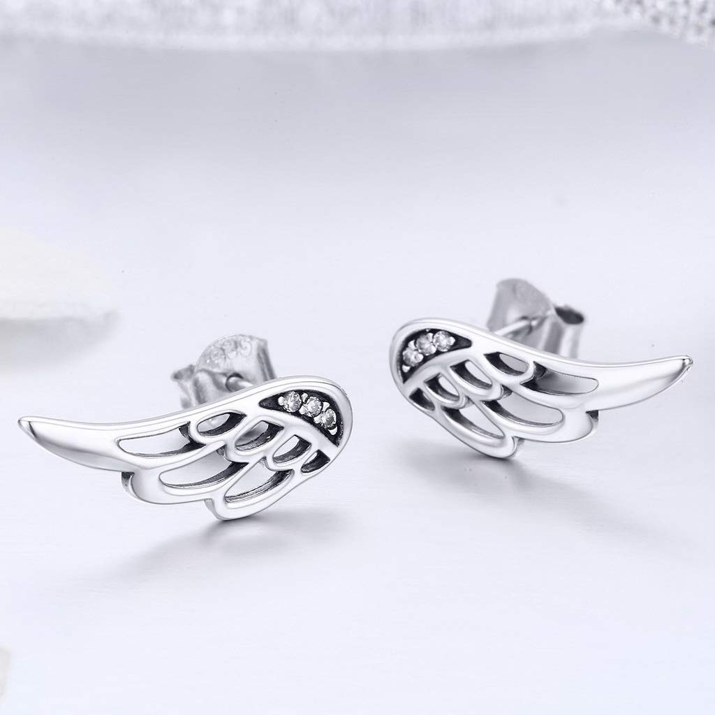 PAHALA 925 Sterling Silver Cute Feather Fairy Wings Crystal Stud Earrings