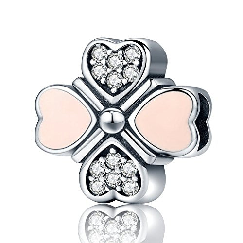 PAHALA 925 Strling Silver Love Pink Heart Clover with Crystals Charms Fit Bracelets Necklace