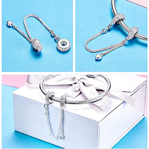 PAHALA 925 Strling Silver Love Heart Safety Chain with Pendant Charms Beads