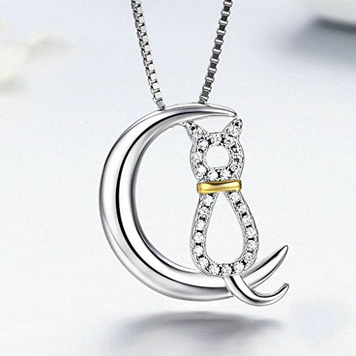 PAHALA 925 Sterling Silver Moon with Cute Cat Crystals Clear CZ Pendant Necklace