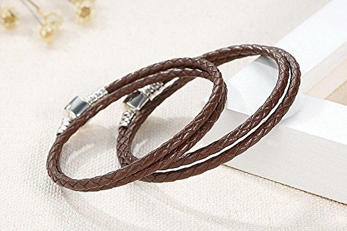 PAHALA 925 Sterling Silver Long 4 Colors Braided Leather Chain Snake Clasp (34, Brown)