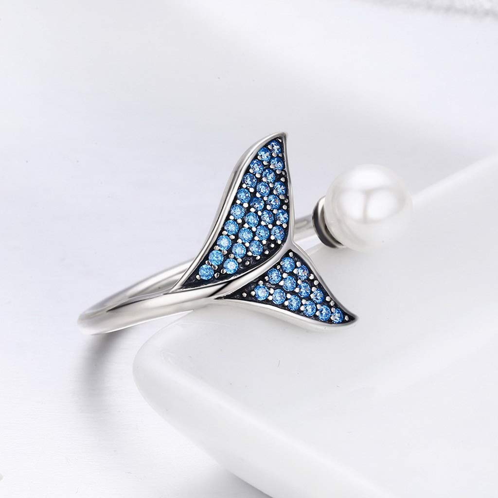 PAHALA 925 Strling Silver Adjustable Dolphin Tail Blue Finger Weeding Party Ring
