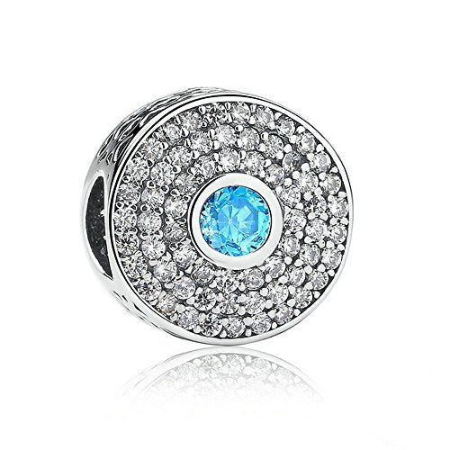 PAHALA 925 Strling Silver 2 Colors Crystals Round Charms Fit Bracelets Necklace (Blue)